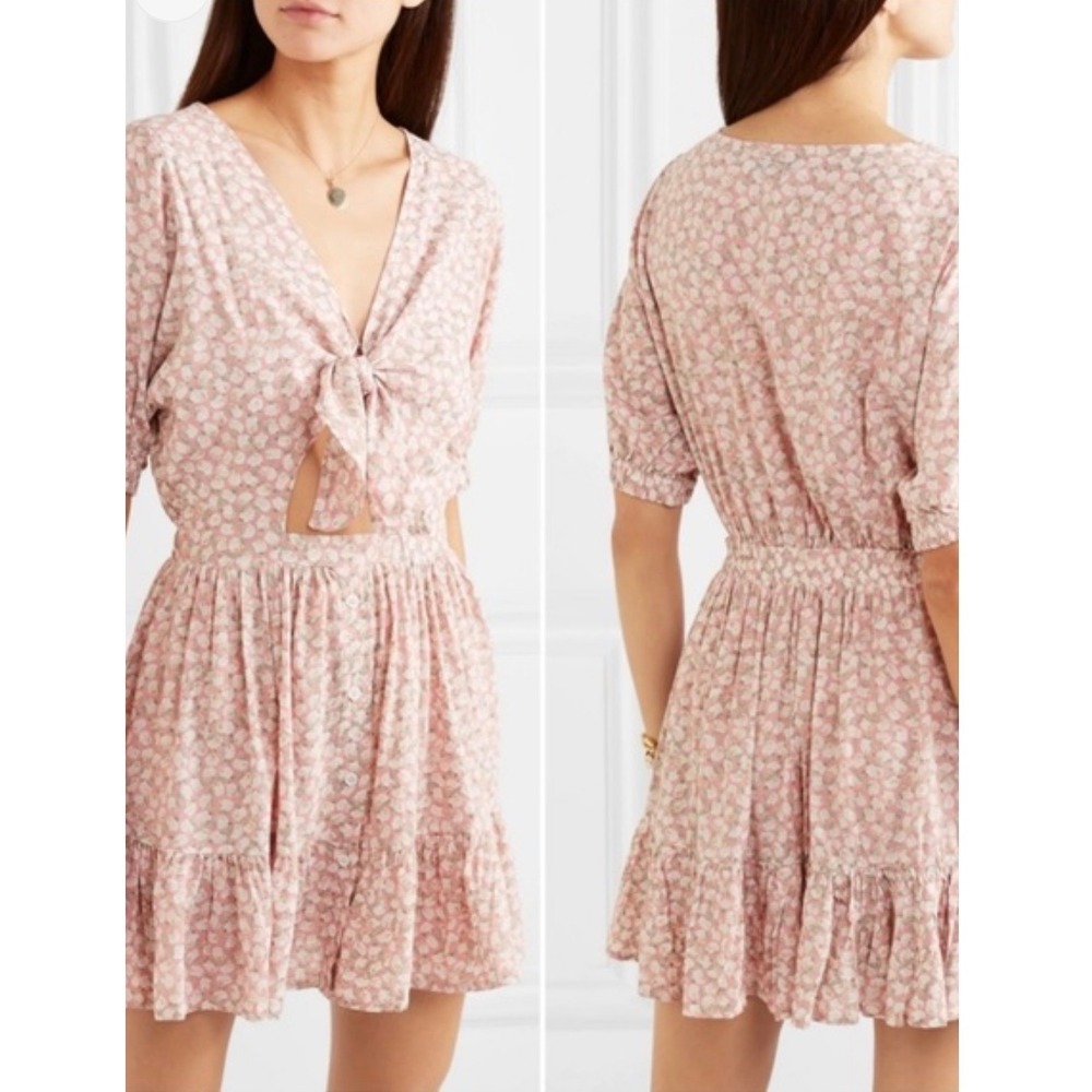Faithfull The Brand Pink Floral Tie Front Cut Out Mini Dress Womens Small S - Picture 2 of 12